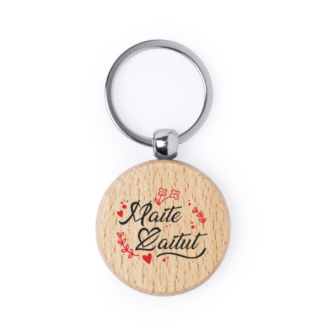 Llavero de madera natural redondo con impresión a todo color por una cara especial san valentin, parejas, enamorados. Maite Zaitut