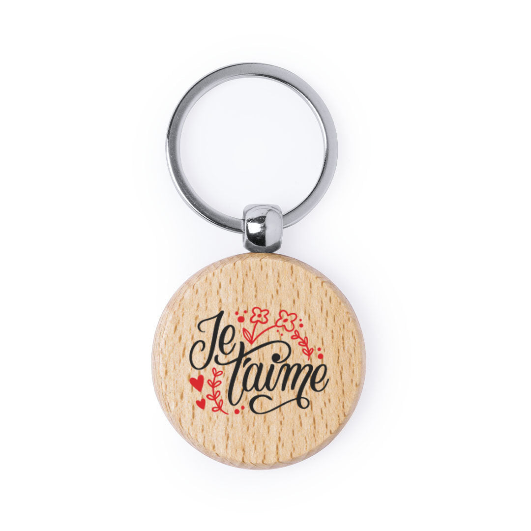Llavero de madera natural redondo con impresión a todo color por una cara especial san valentin, parejas, enamorados. Je t'aime
