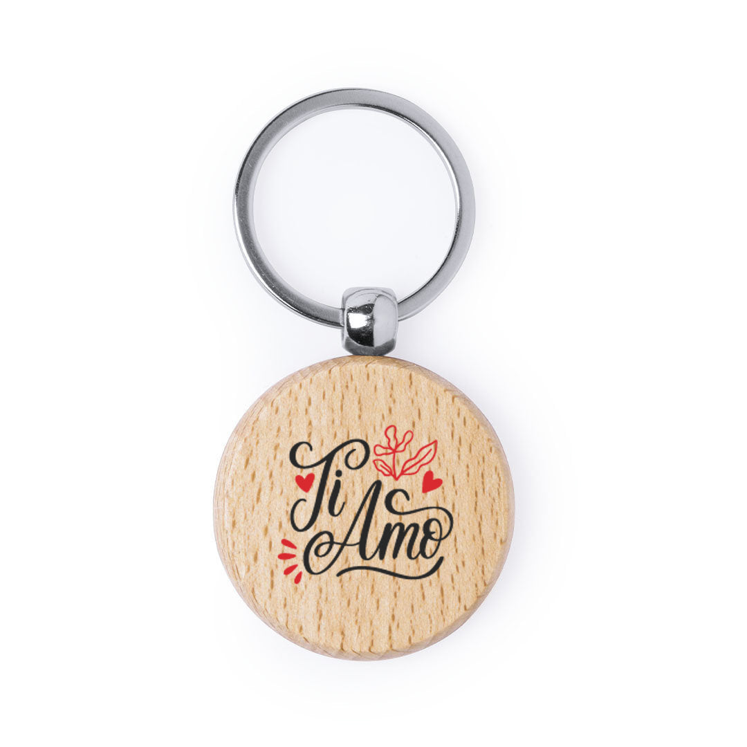 Llavero de madera natural redondo con impresión a todo color por una cara especial san valentin, parejas, enamorados. Ti amo