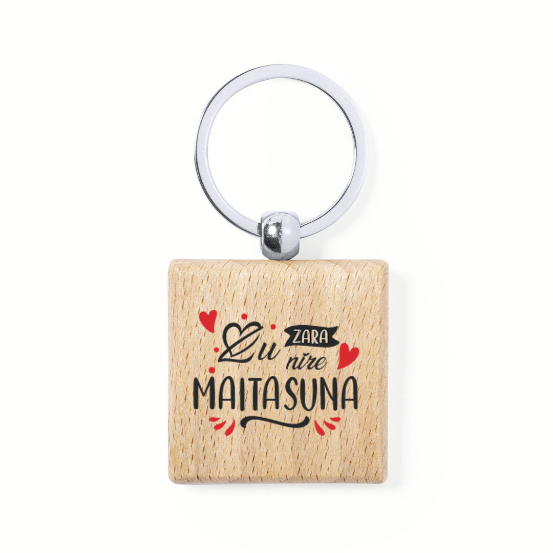 Llavero de madera natural cuadrado con impresión a todo color por una cara especial san valentin, parejas, enamorados. Zu zara nire maitasuna