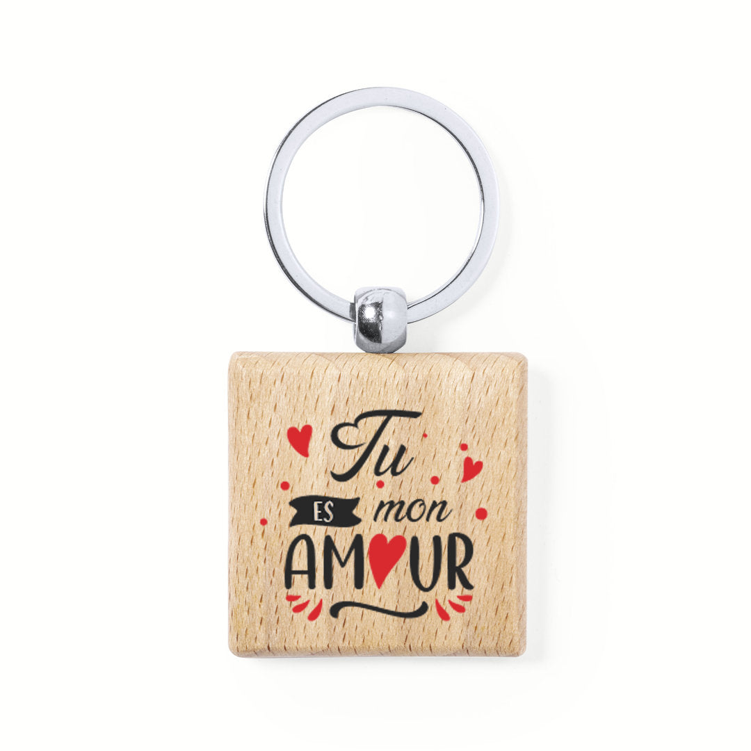 Llavero de madera natural cuadrado con impresión a todo color por una cara especial san valentin, parejas, enamorados. Tu es mon amour