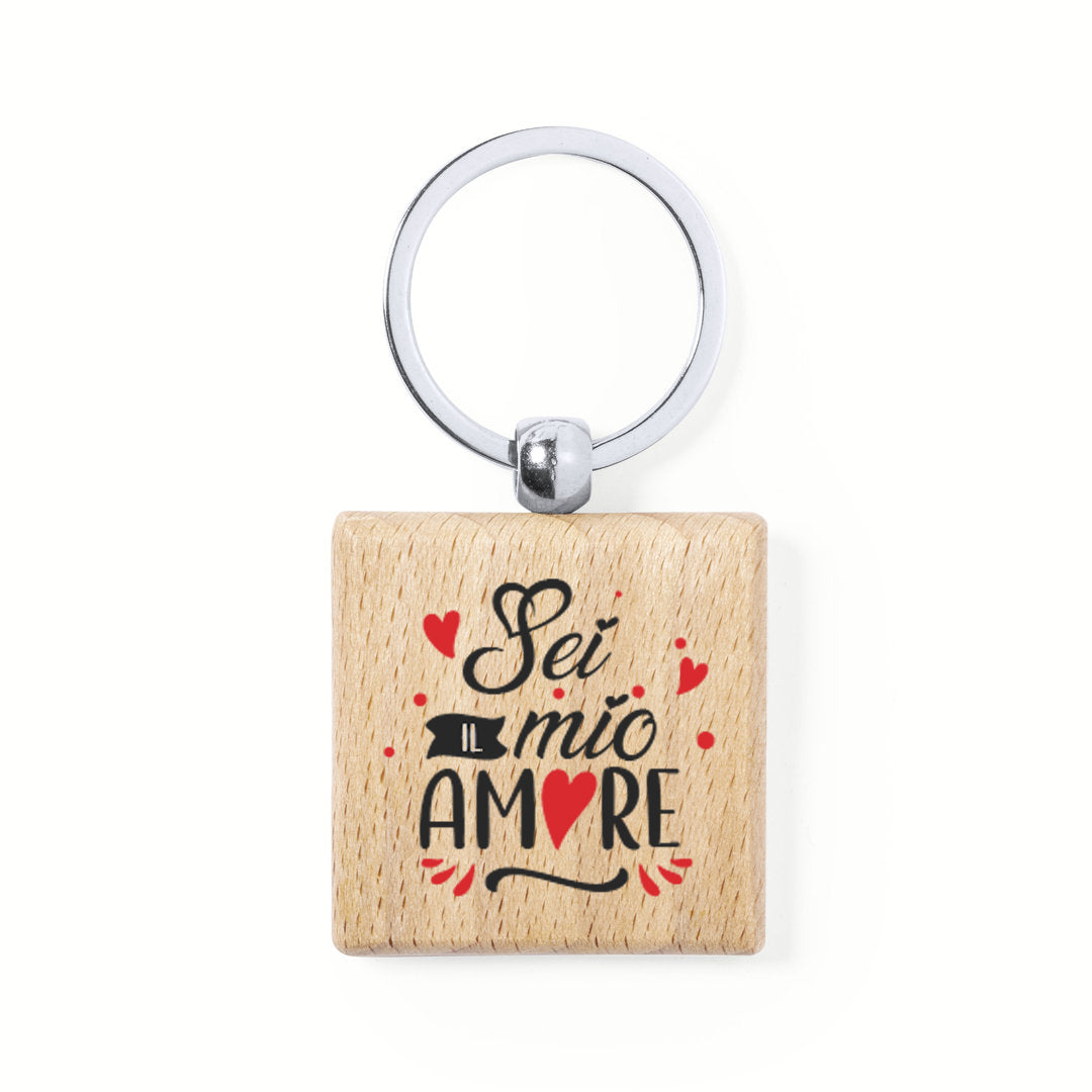 Llavero de madera natural cuadrado con impresión a todo color por una cara especial san valentin, parejas, enamorados. Sei il mio amore