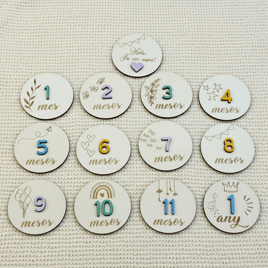 Conjunto de 13 círculos marca meses gravados a láser, con el número en relieve de madera de color, ideal para sesión de fotos de bebé