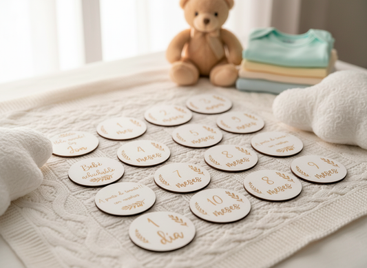 Conjunto de 16 círculos marca meses gravados a láser para sesión de fotos de bebé