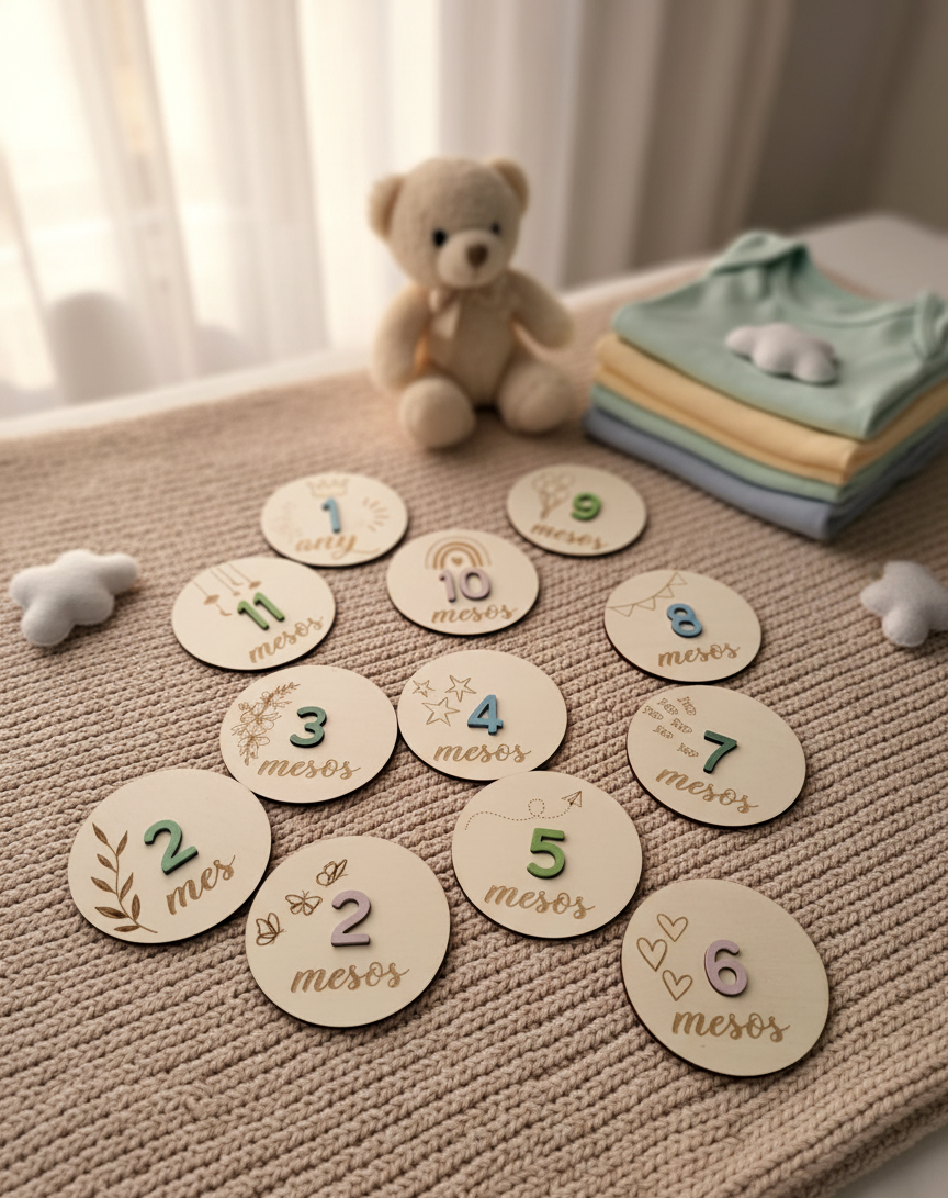 Conjunto de 12 círculos marca meses gravados a láser, con el número en relieve de madera de color, ideal para sesión de fotos de bebé
