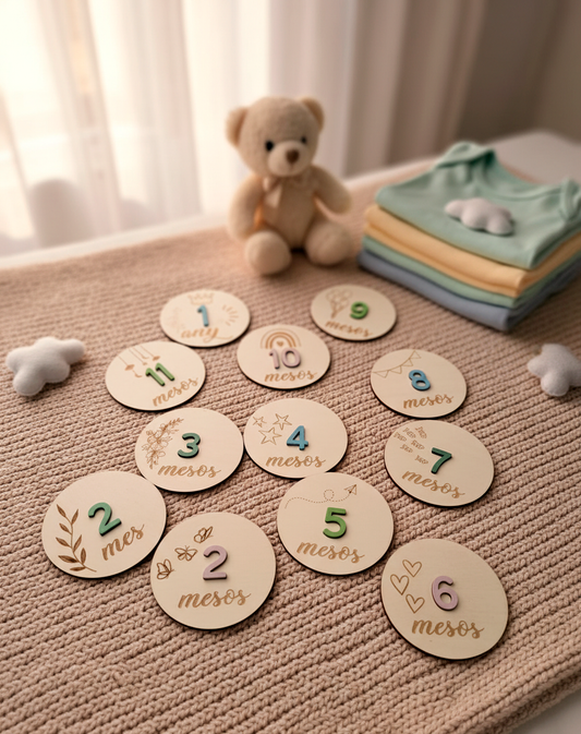 Conjunto de 12 círculos marca meses gravados a láser, con el número en relieve de madera de color, ideal para sesión de fotos de bebé