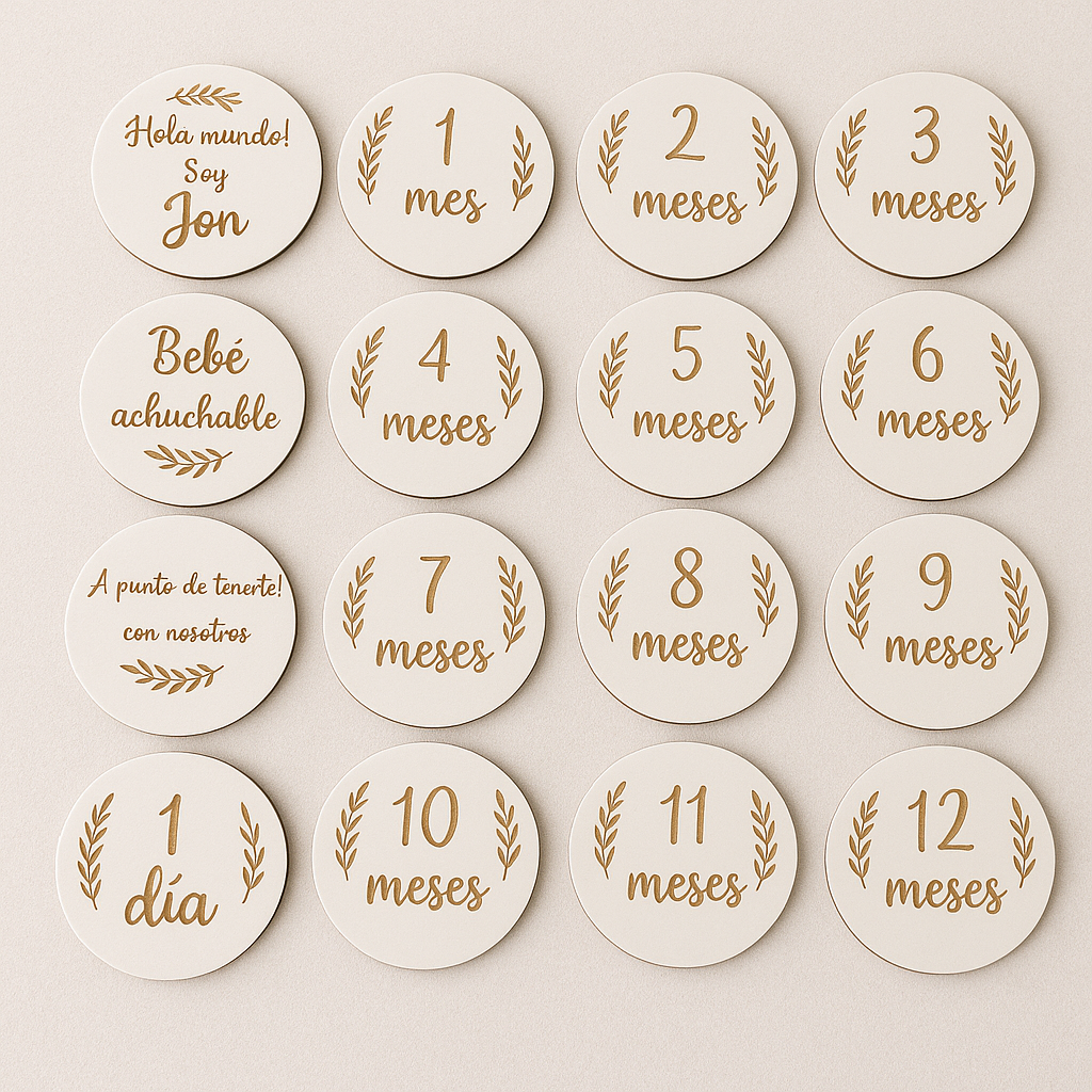 Conjunto de 16 círculos marca meses marcados a láser para sesión de fotos de bebé