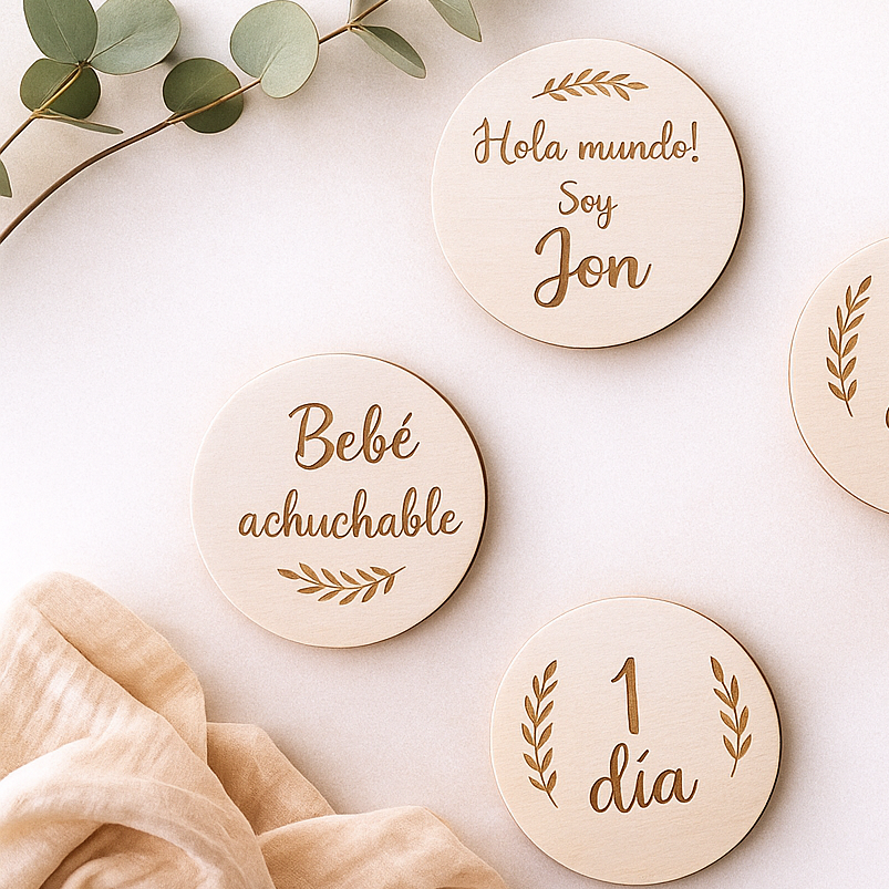 Detalle de los círculos de madera para documentar el crecimiento del bebé con sesión fotográfica