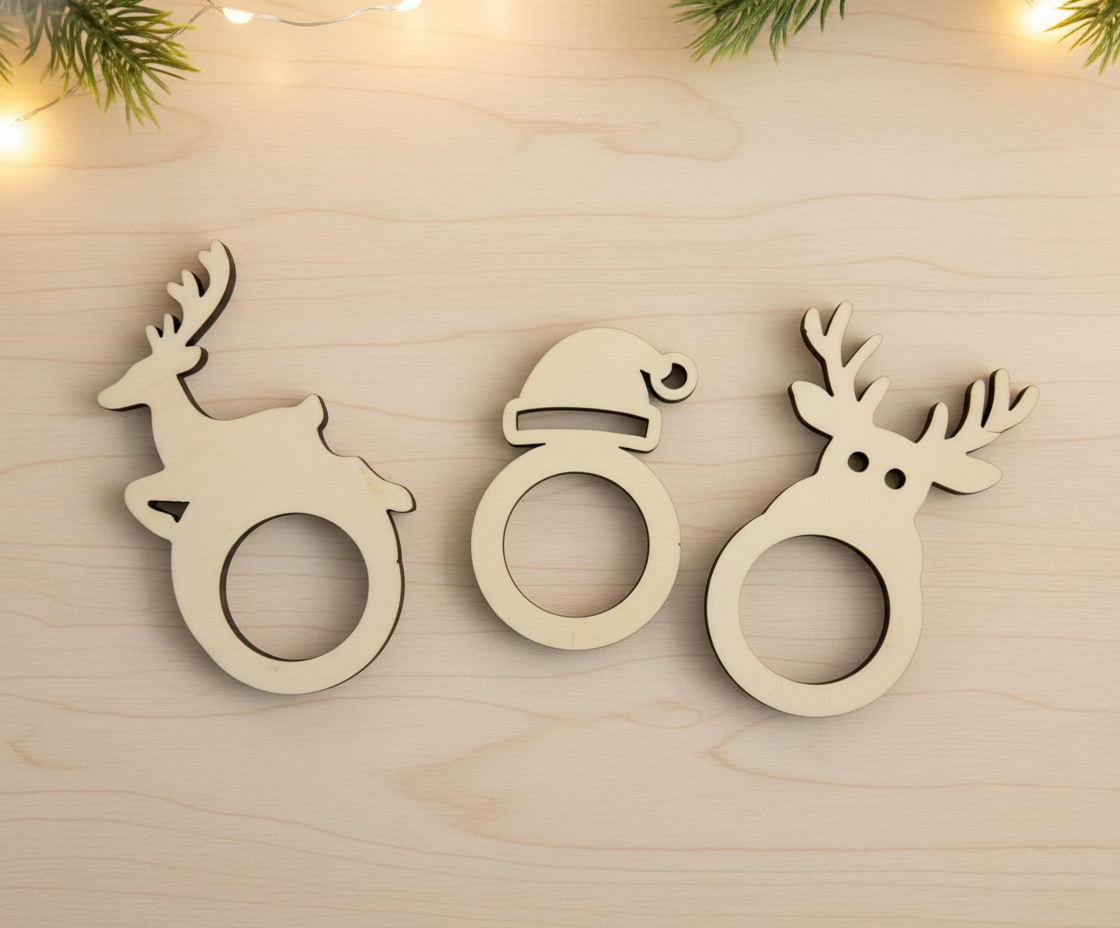 Argollas de madera personalizables con el nombre grabado a láser con distintas formas. Dos renos y un gorro de Navidad