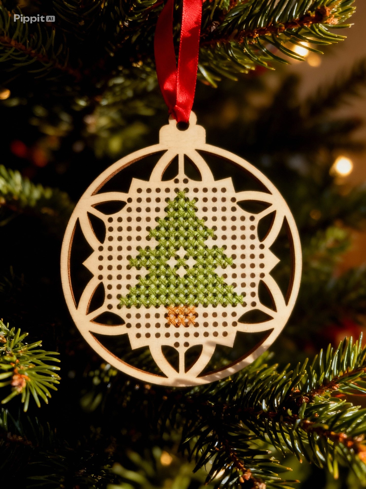 Adorno navideño de madera elegante personalizado con punto de cruz con una arbolito simpático. Elemento diy para personalizar a tu gusto.