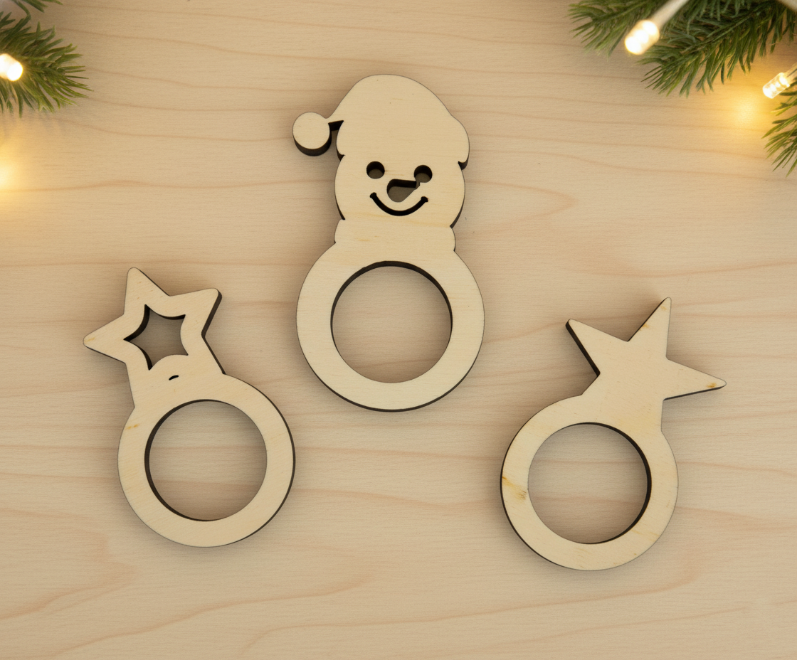Argollas de madera personalizables con el nombre grabado a láser con distintas formas. Dos estrellas distintas y un muñeco de nieve