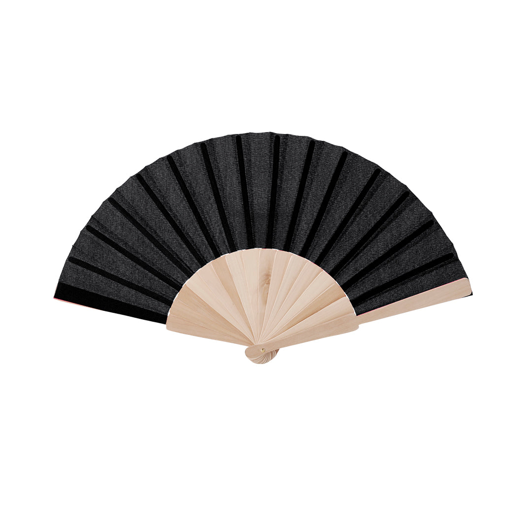 Abanico negro de tela y madera, personalizado para boda con el logo de los novios grabado a láser en la varilla