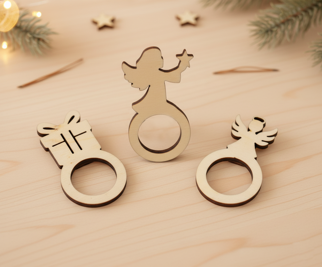 Argollas de madera personalizables con el nombre grabado a láser con distintas formas. Dos angelitos y un regalo