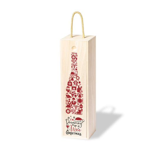 Caja de Madera para botella de vino, edición Navidad con una frase humorística en inglés "I'm dreaming of a Wine Christmas" decorada con motivos navideños formando una botella