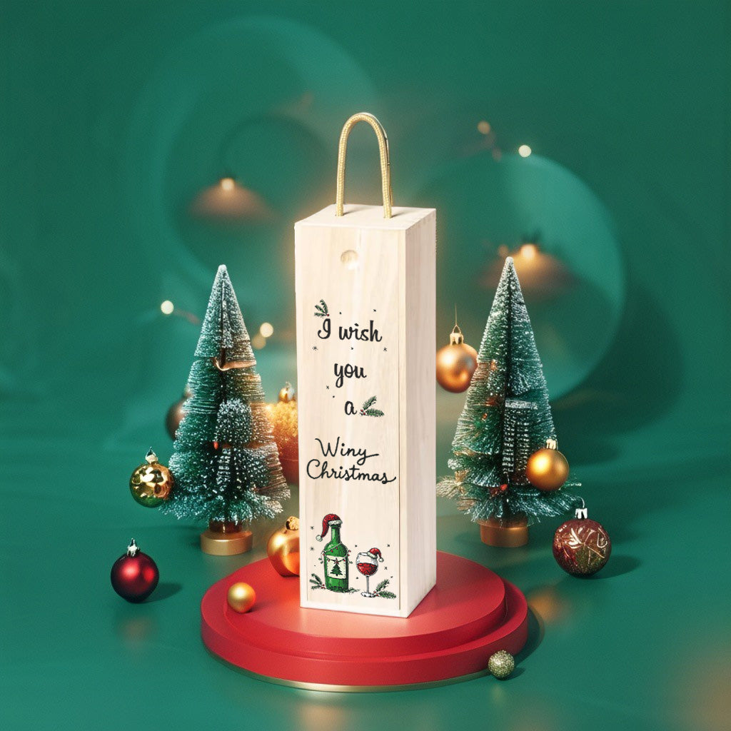 Caja de Madera para botella de vino, edición Navidad con una frase humorística en inglés "I wish you a Winy Christmas" decorada con dibujos navideños y una botella con su copa de vino