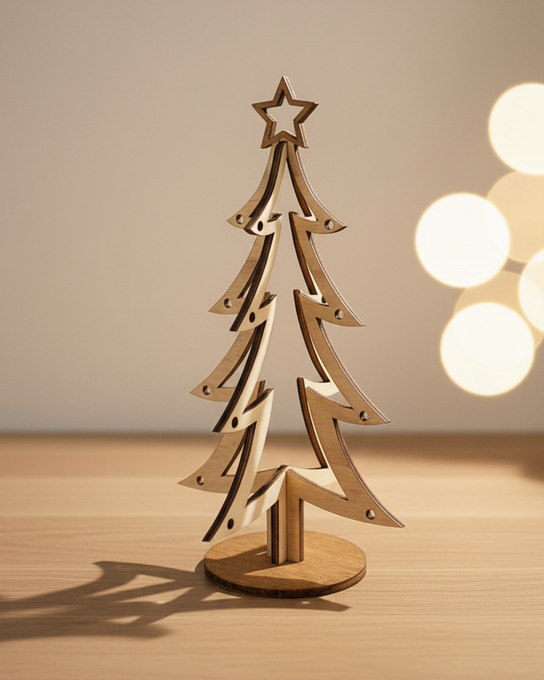 Árbol de Navidad de madera formado por dos piezas que encajan una dentro de la otra y sujetadas en una base. Con forma muy ligera para decorar de manera minimalista. Color madera oscura