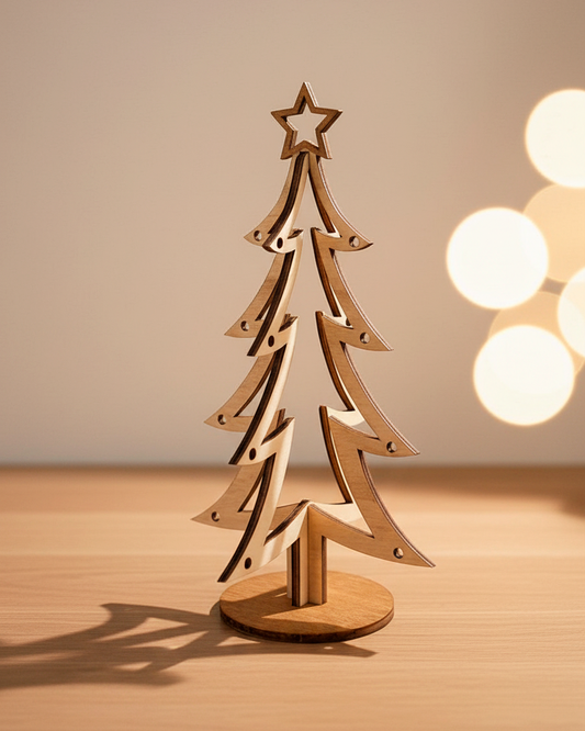 Árbol de Navidad de madera formado por dos piezas que encajan una dentro de la otra y sujetadas en una base. Con forma muy ligera para decorar de manera minimalista. Color madera oscura