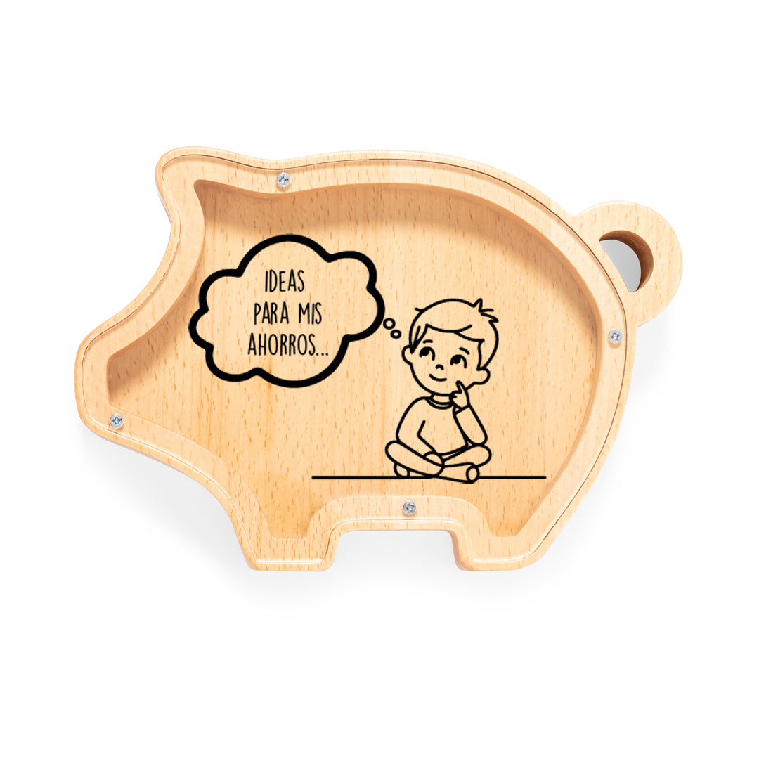 Hucha de madera con forma de cerdito y tapa de metacrilato impresa. Mensaje "Ideas para mis ahorros" con un dibujo simple de un niño pensando