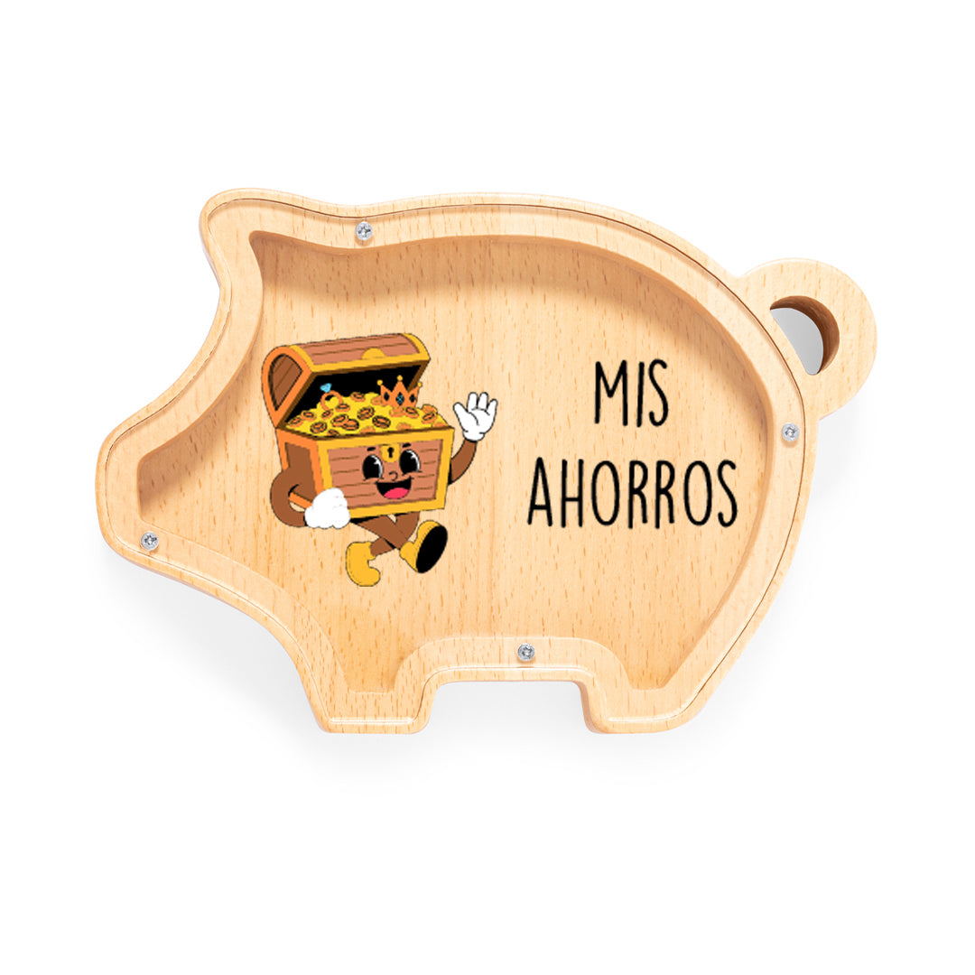 Hucha de madera con forma de cerdito y tapa de metacrilato impresa. Mensaje "Mis ahorros"