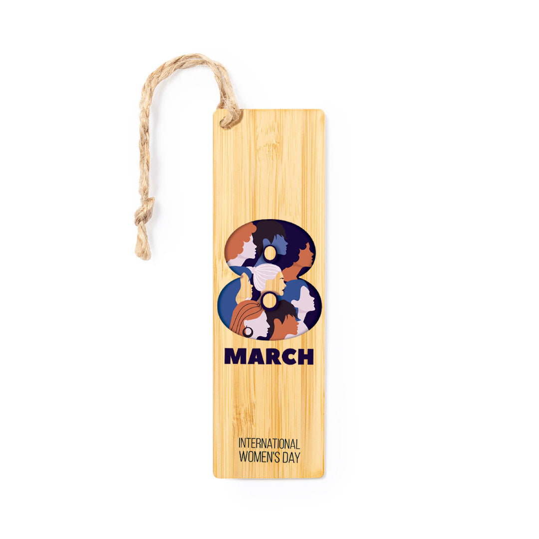 Marcapáginas de bambú natural con mensaje del Día de la Mujer y cordón de yute