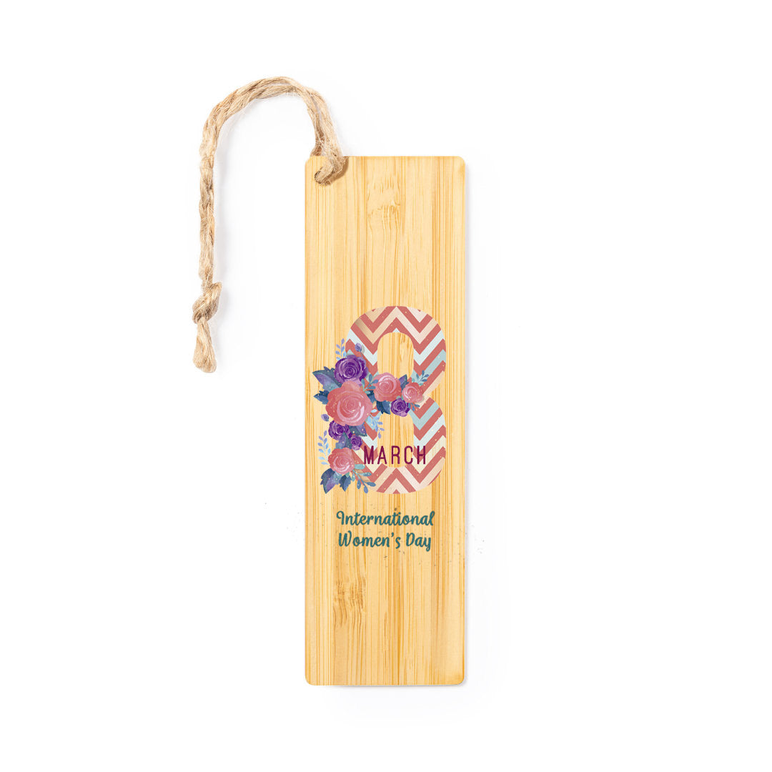 Marcapáginas de bambú natural con mensaje del Día de la Mujer y cordón de yute