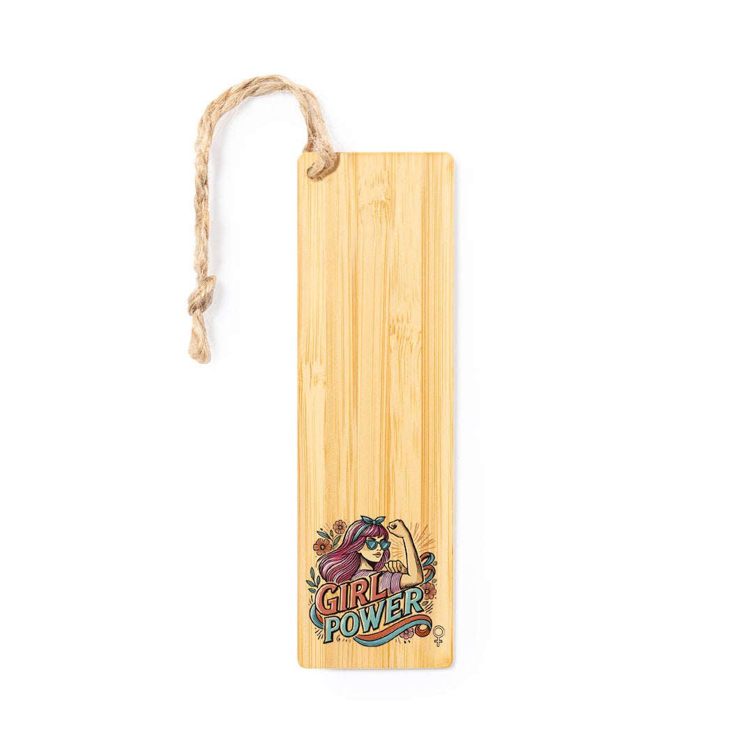 Marcapáginas de bambú natural con mensaje del Día de la Mujer y cordón de yute