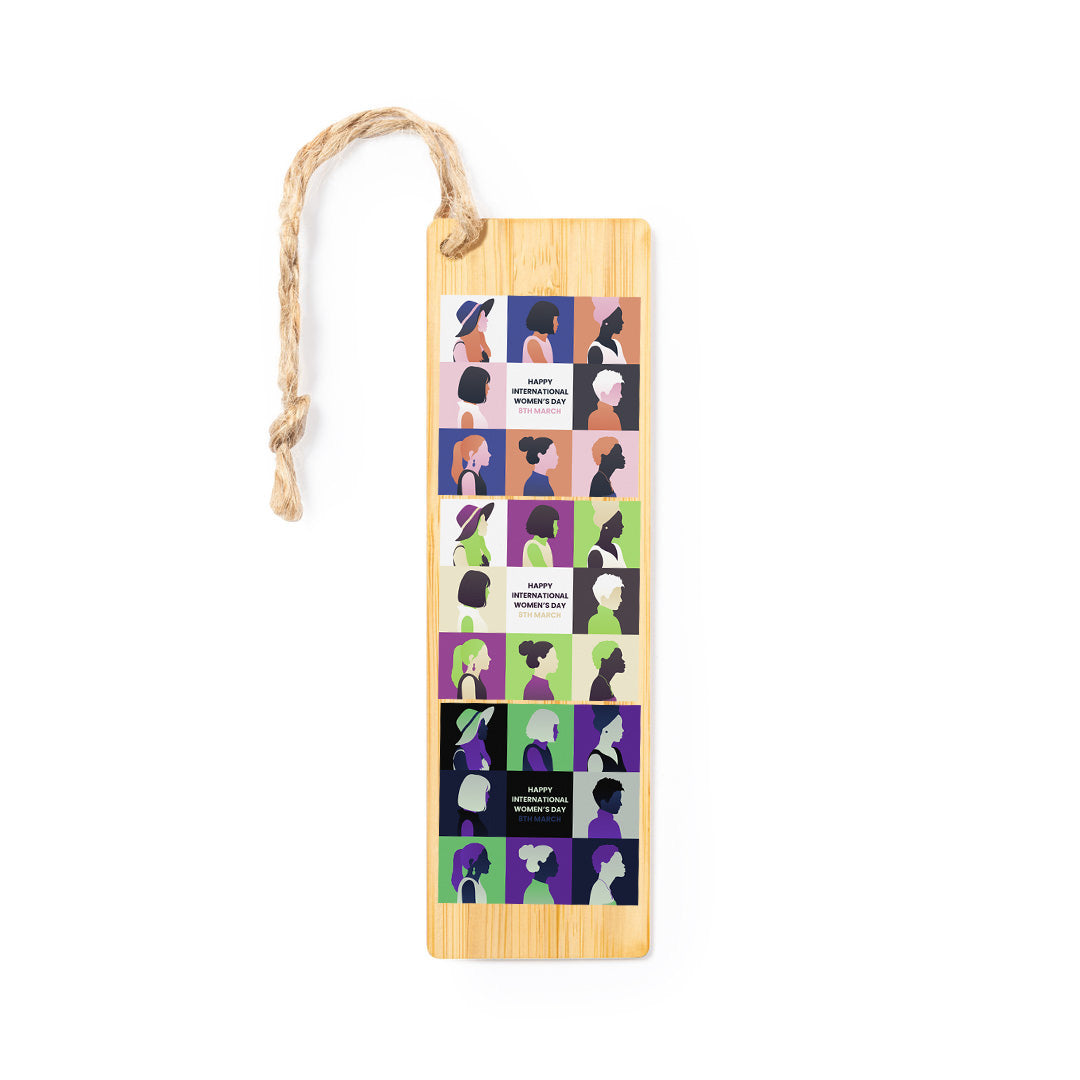 Marcapáginas de bambú natural con mensaje del Día de la Mujer y cordón de yute