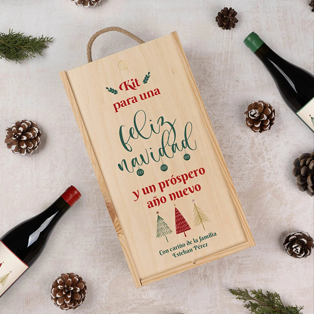 caja de madera para dos botellas de vino con la tapa personalizada con motivos navideños