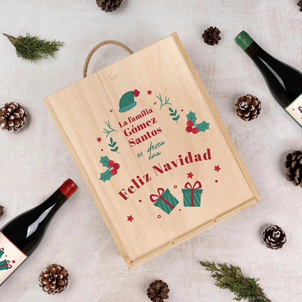 Caja de madera para tres botellas de vino personalizada con diseño navideño