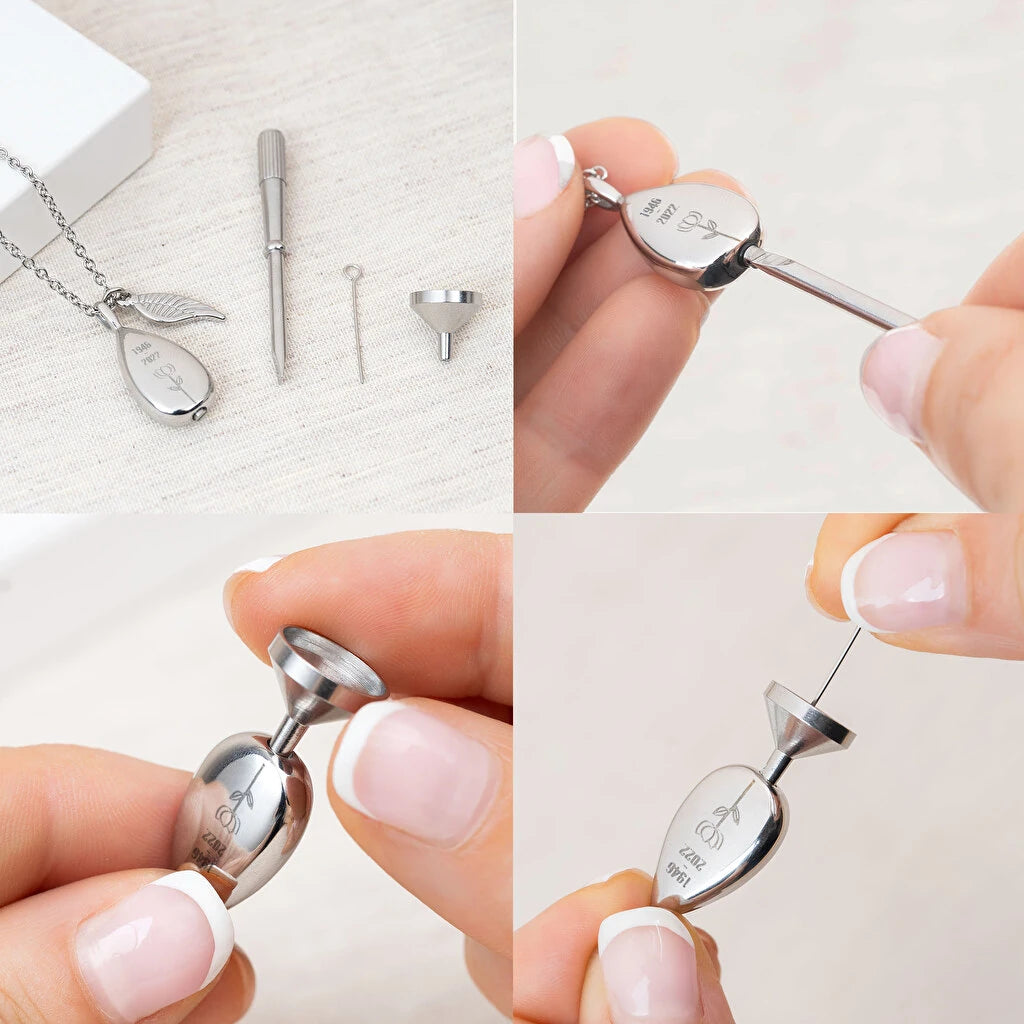 Colgante memorial para cenizas en acero inoxidable con grabado láser. Incluye cadena, charm de ala de ángel y herramientas. Modo de uso