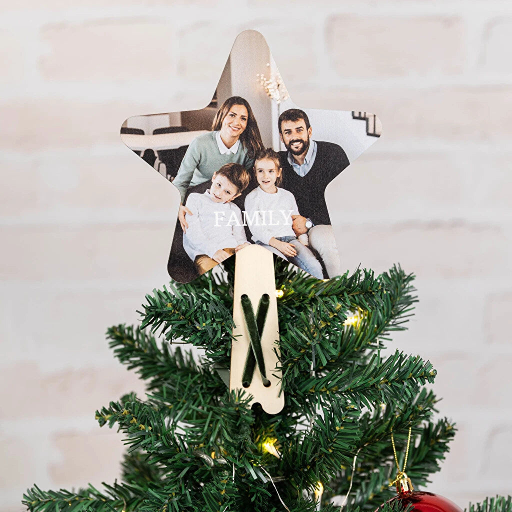 Estrella de madera  grande para coronar el árbol de navidad personalizada con impresión directa a todo color.  