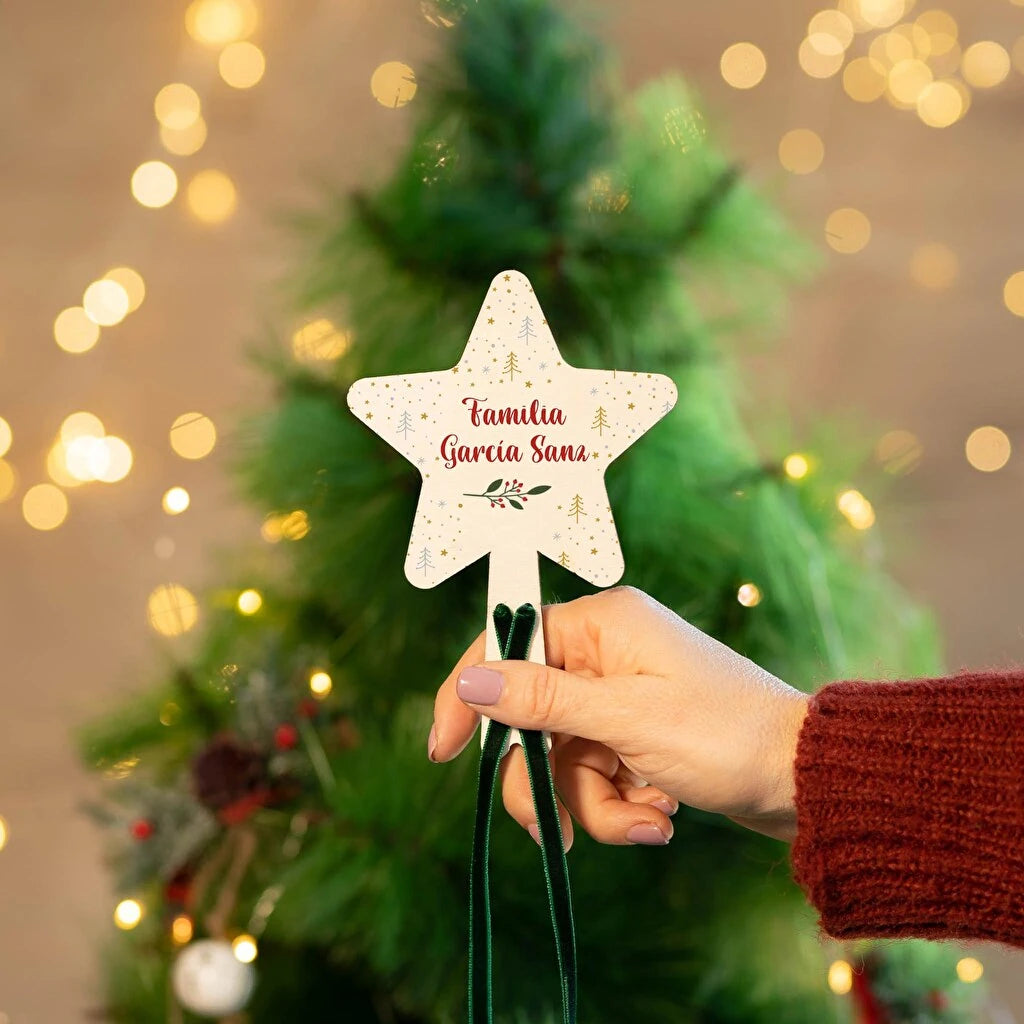 Estrella de madera pequeña para coronar el árbol de navidad personalizada con impresión directa a todo color.  