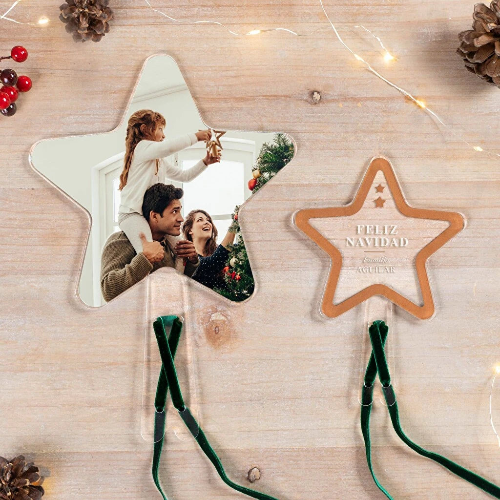 Estrella de metacrilato para coronar el árbol de navidad personalizada con impresión directa a todo color.  Dos tamaños disponibles