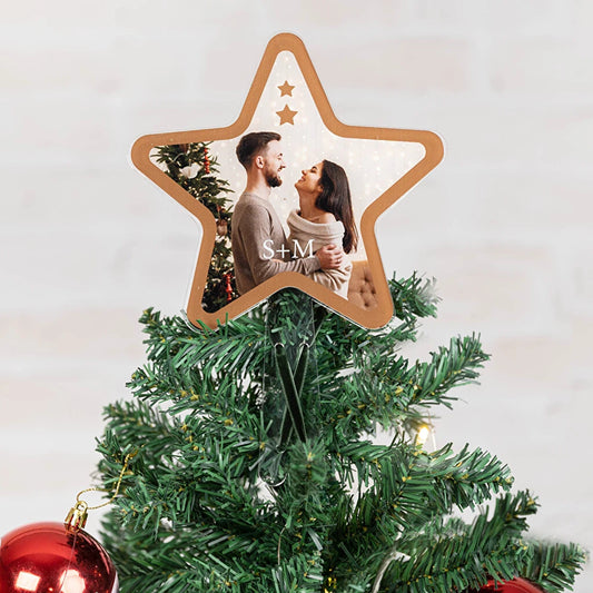 Estrella de madera para coronar el árbol de navidad personalizada con impresión directa a todo color.  