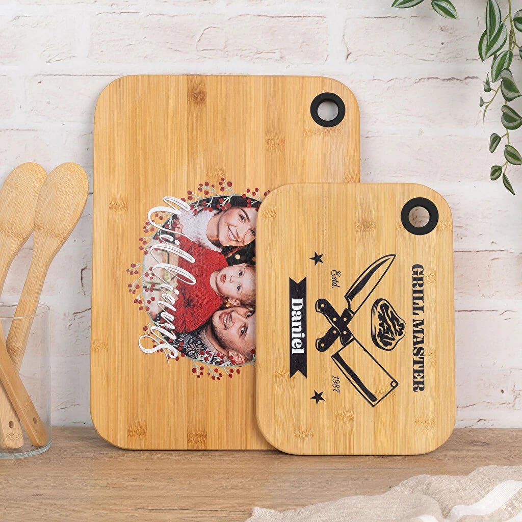 Tabla de madera para cortar alimentos con sujeción de goma y impresión directa a todo color, dos tamaños disponible