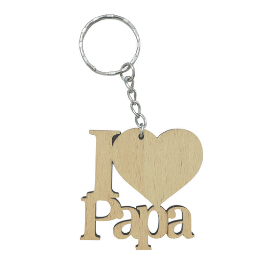 Llavero de madera troquelado a la forma, con el mensaje I love Papa con un gran corazón.