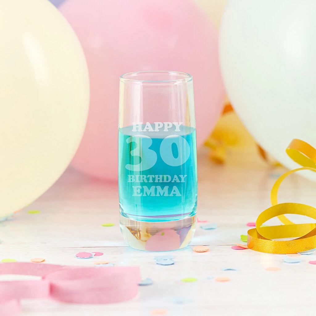 Vaso alto chupito de cristal grabado personalizado. Ecológico, resistente y apto para lavavajillas.