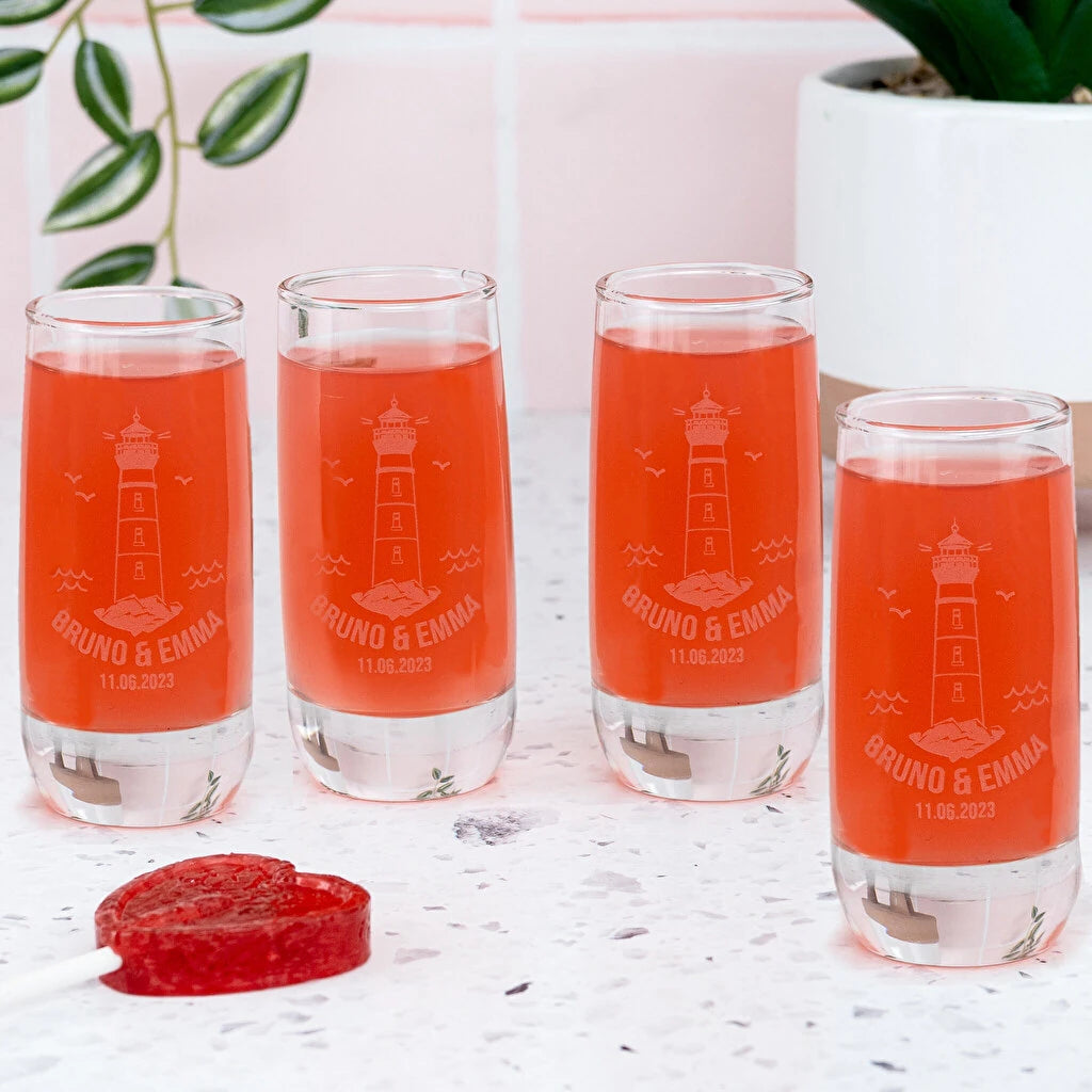 Pack de 4 Vaso alto chupito de cristal grabado personalizado. Ecológico, resistente y apto para lavavajillas.