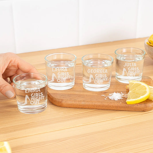 Pack de 4 Vaso bajo chupito de cristal grabado personalizado. Ecológico, resistente y apto para lavavajillas.