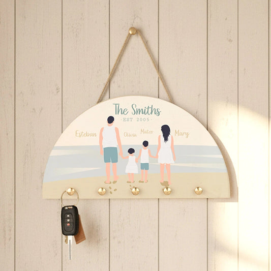 Colgador para llaves de madera en forma de media luna con 5 ganchos para colgar las llaves, personalizado con impresión directa a todo color y con un cordón rústico para colgarlo 