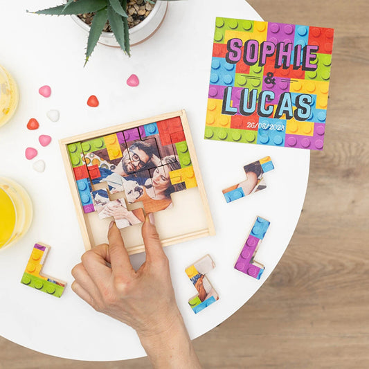 Caja de madera con las piezas para jugar al tetris totalmente personalizadas con impresión a todo color