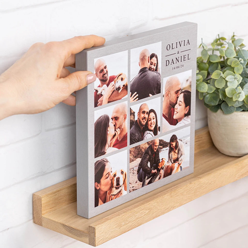 Collage impreso sobre bloque de madera de tamaño 20x20 con acabado en color plata ideal para regalar a la pareja