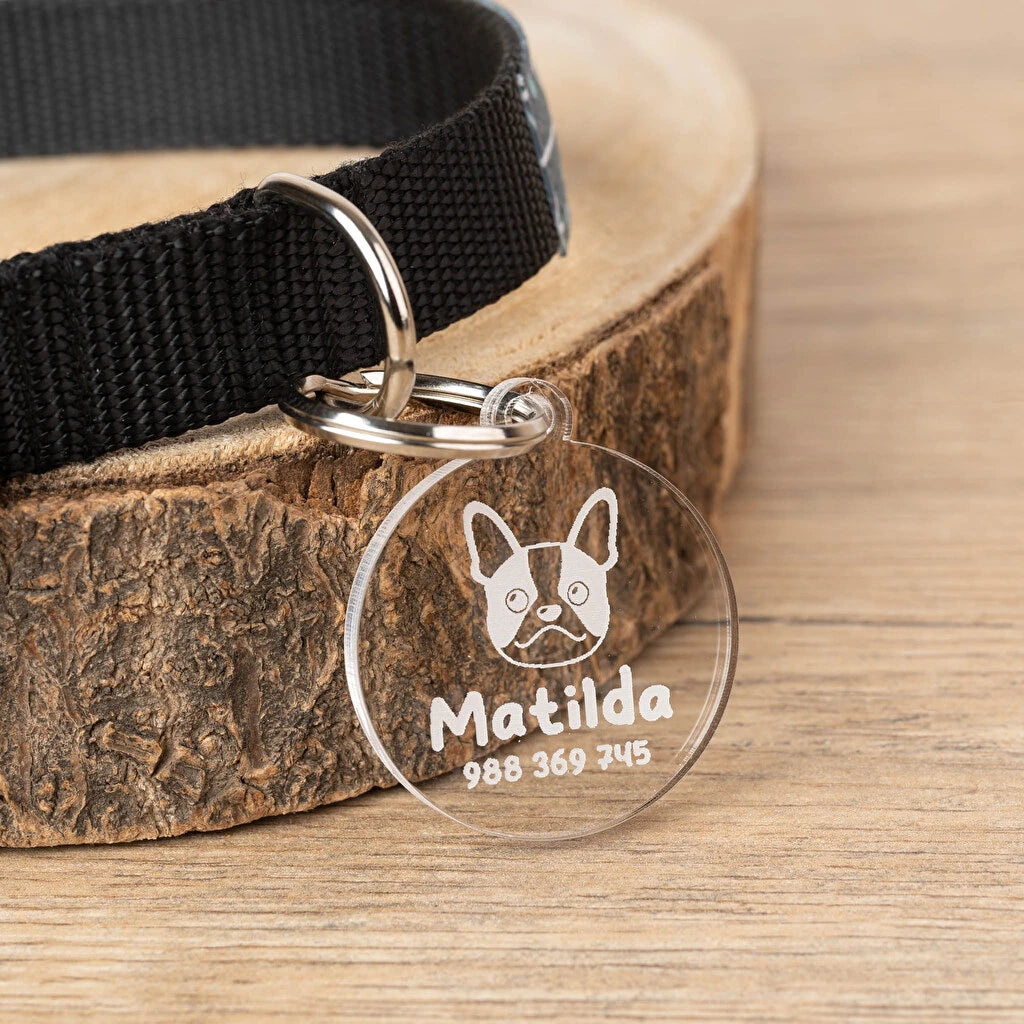 Placa de metacrilato para perros y gatos, personalizable con grabado láser. Disponible en varios tamaños, colores y formas. Círculo transparente